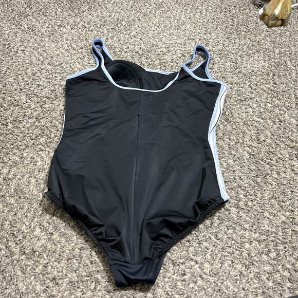 Miraclesuit Black One Piece Swimsuit Size 16W Slimming Blue White Side Stripes - Picture 3 of 6